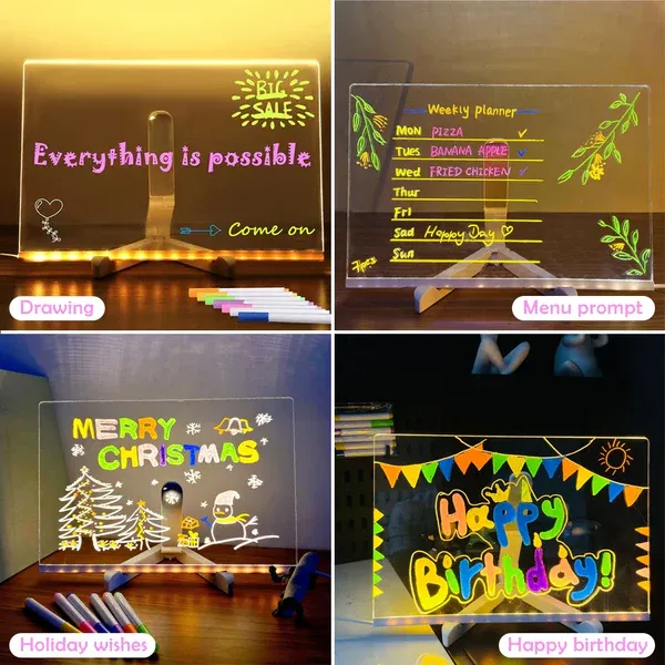 Christmas Magic LED Writing Board - Glowing Acrylic Message & Drawing Night Light with 7-Color Pens, USB Powered