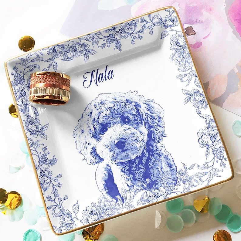 Custom Pet Portrait Jewelry Dish – Toile De Jouy Ceramic Trinket Dish, Personalized Gift for Pet Lovers