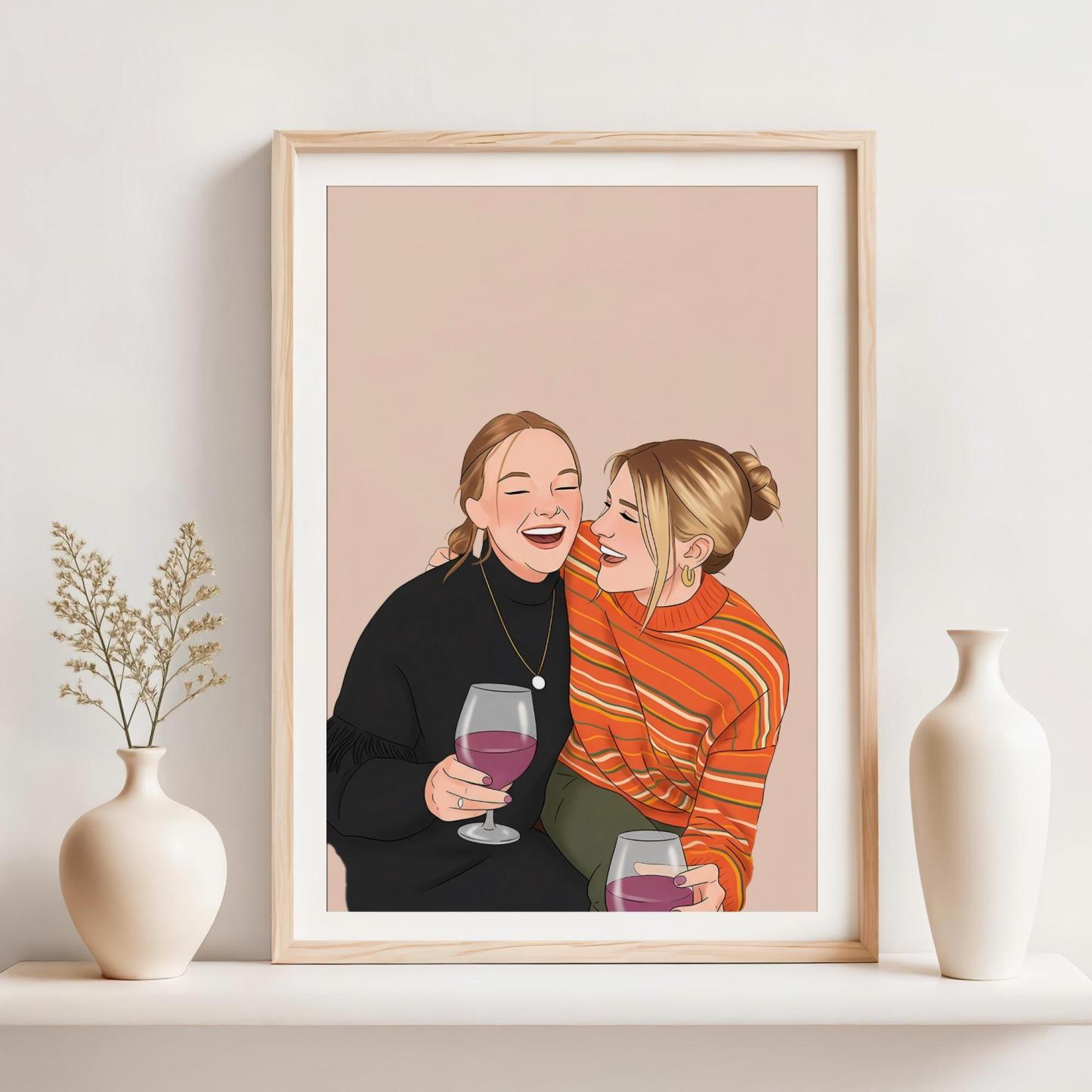 Custom Best Friend Portrait: Cartoon Illustration, Personalized Gift for Sister, Birthday Gift for Her