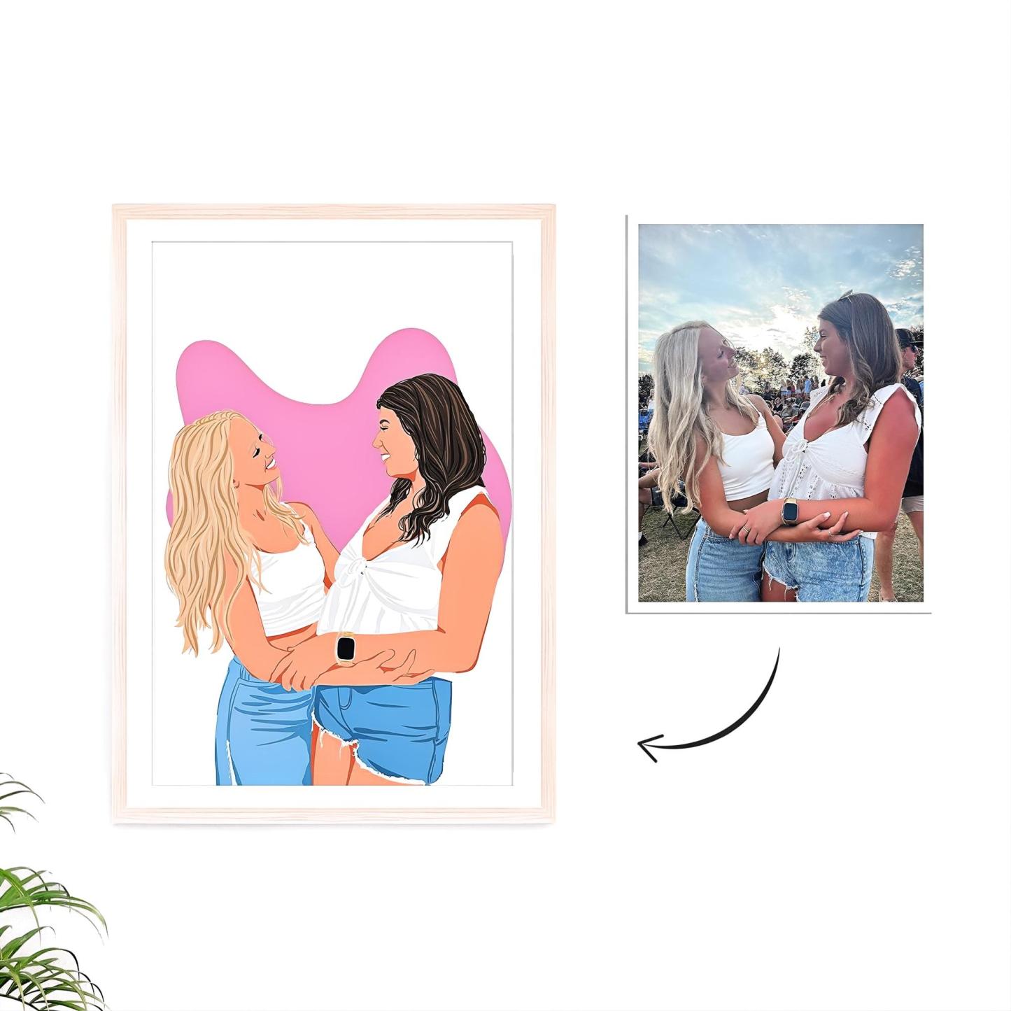 Custom Best Friend Portrait: Cartoon Illustration, Personalized Gift for Sister, Birthday Gift for Her