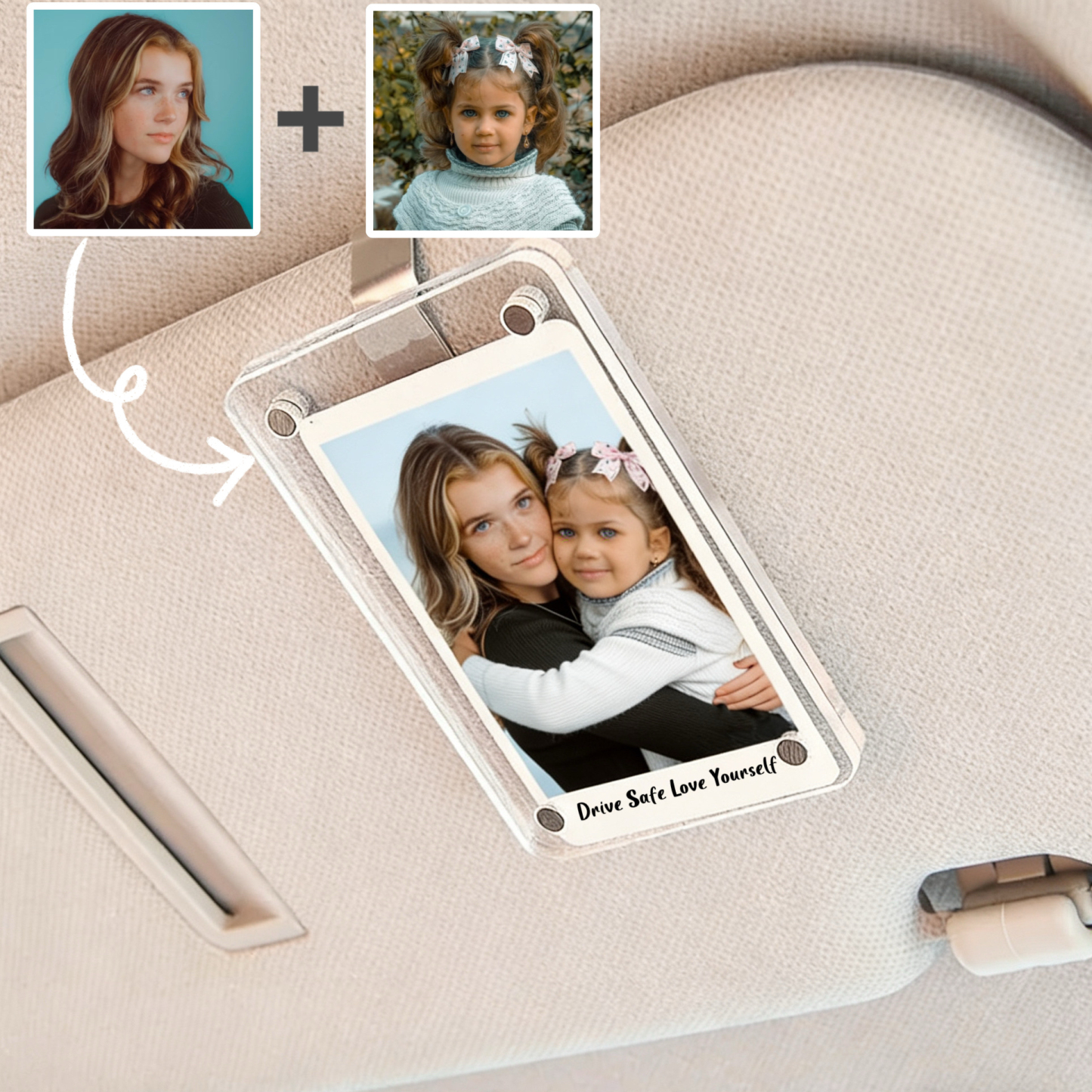 Custom Photo Car Visor Clip – Personalized Acrylic Car Accessory, A Hug for Your Past Self, Drive Safe & Love Yourself