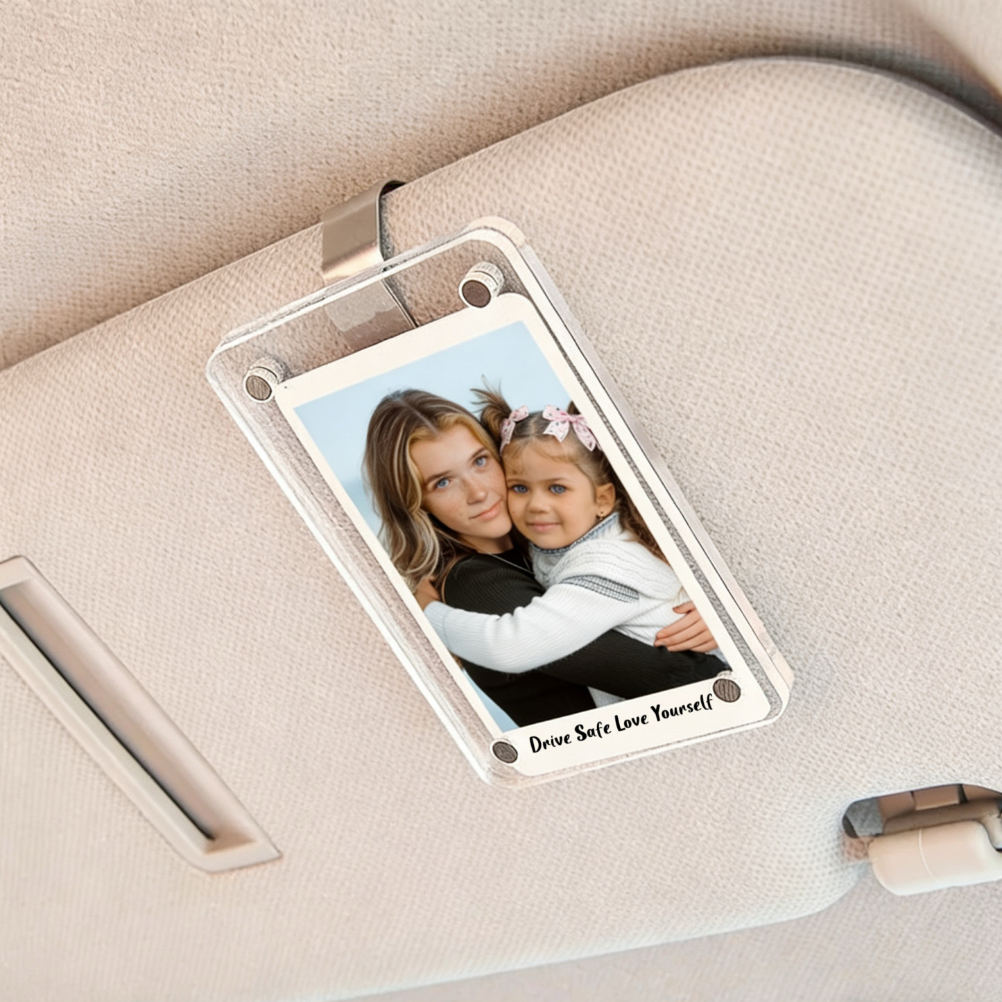 Custom Photo Car Visor Clip – Personalized Acrylic Car Accessory, A Hug for Your Past Self, Drive Safe & Love Yourself