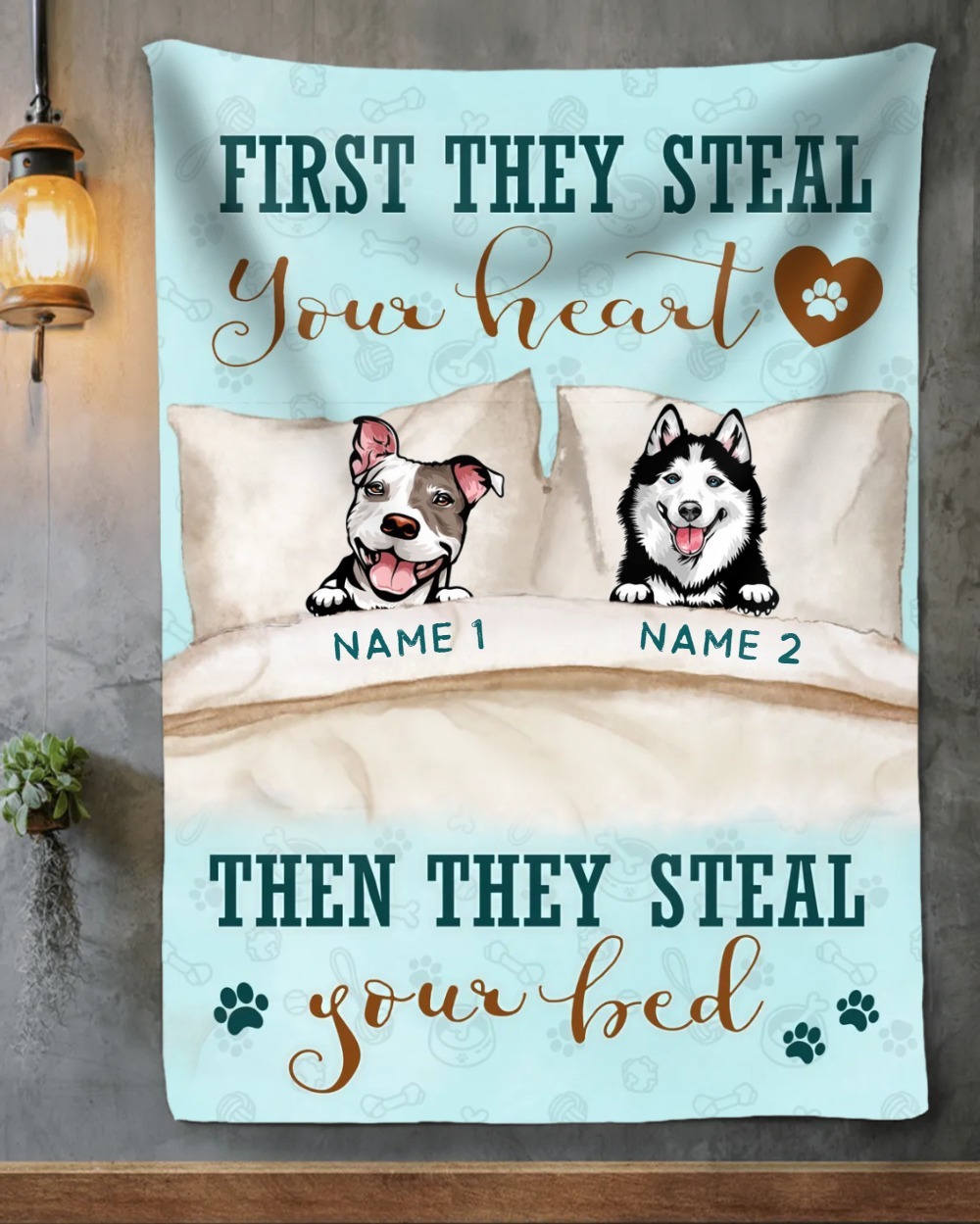 Personalized Pet Photo Blanket | Custom Dog & Cat Blanket with Name | 1–5 Pets Available | "First They Steal Your Heart" Design