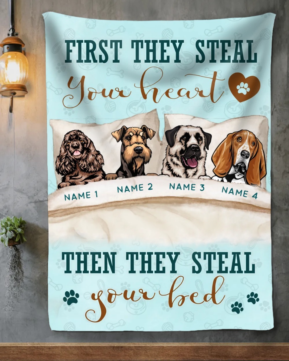 Personalized Pet Photo Blanket | Custom Dog & Cat Blanket with Name | 1–5 Pets Available | "First They Steal Your Heart" Design