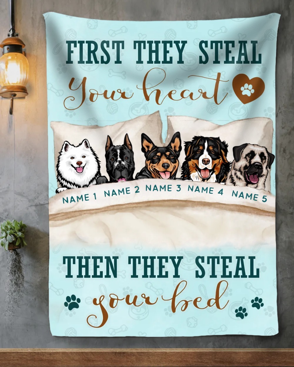 Personalized Pet Photo Blanket | Custom Dog & Cat Blanket with Name | 1–5 Pets Available | "First They Steal Your Heart" Design