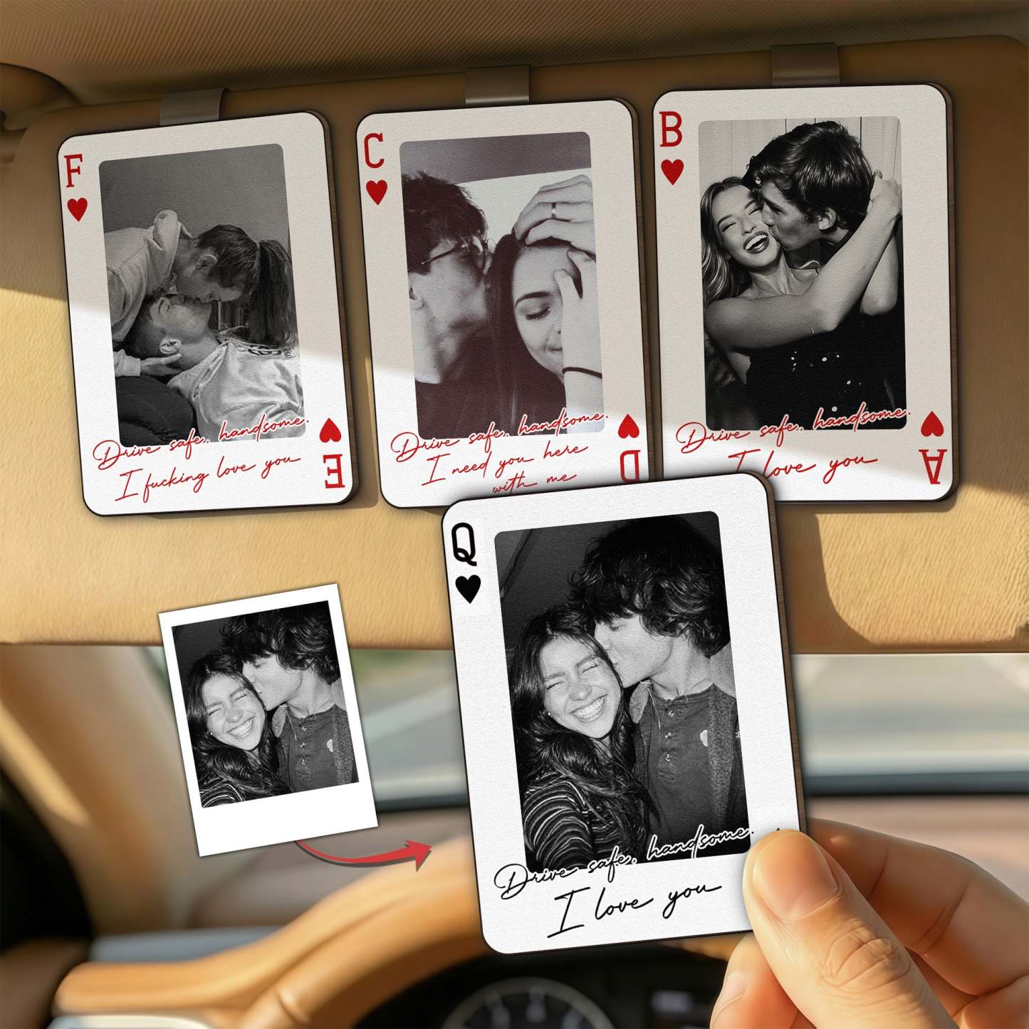 Custom Photo Playing Cards Car Visor Clip – Personalized Wooden Poker-Style Car Photo Clip Valentine’s Day Gift