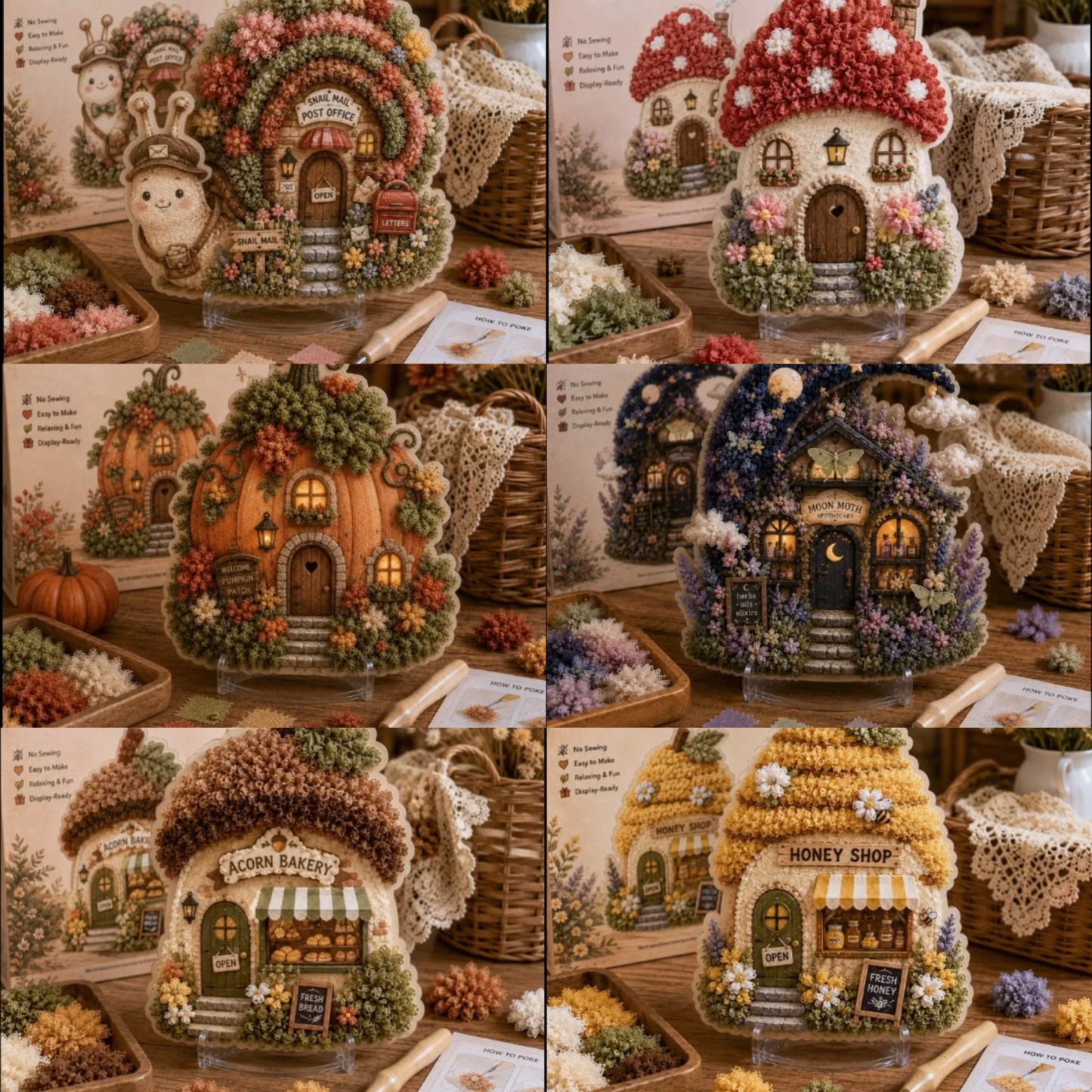Whimsical Village 3D Fabric Poke Art Kit,Beginner Stress-Relief Tabletop Decor Creative Gift