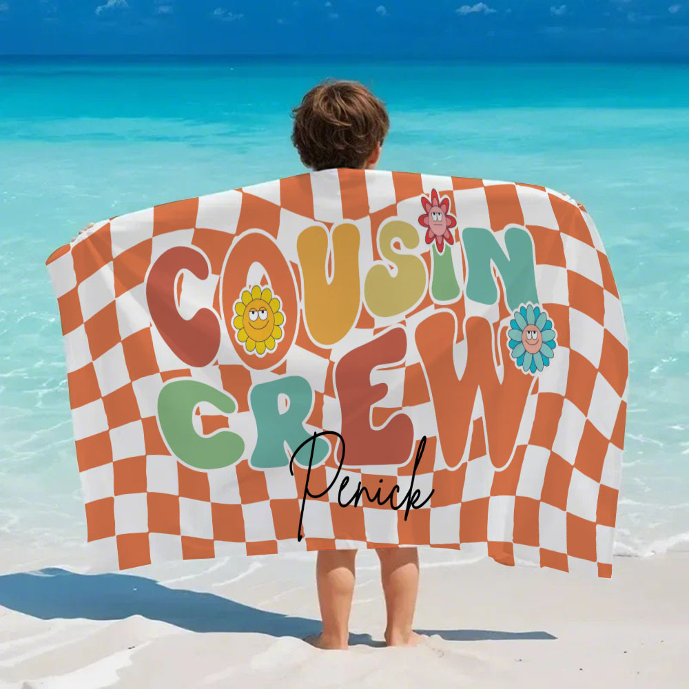 Personalised Cousin Crew Plaid Design Oversized Quick Dry Beach Towel with Name Birthday Summer Vacation Accessory Gift for Kids - CustWit