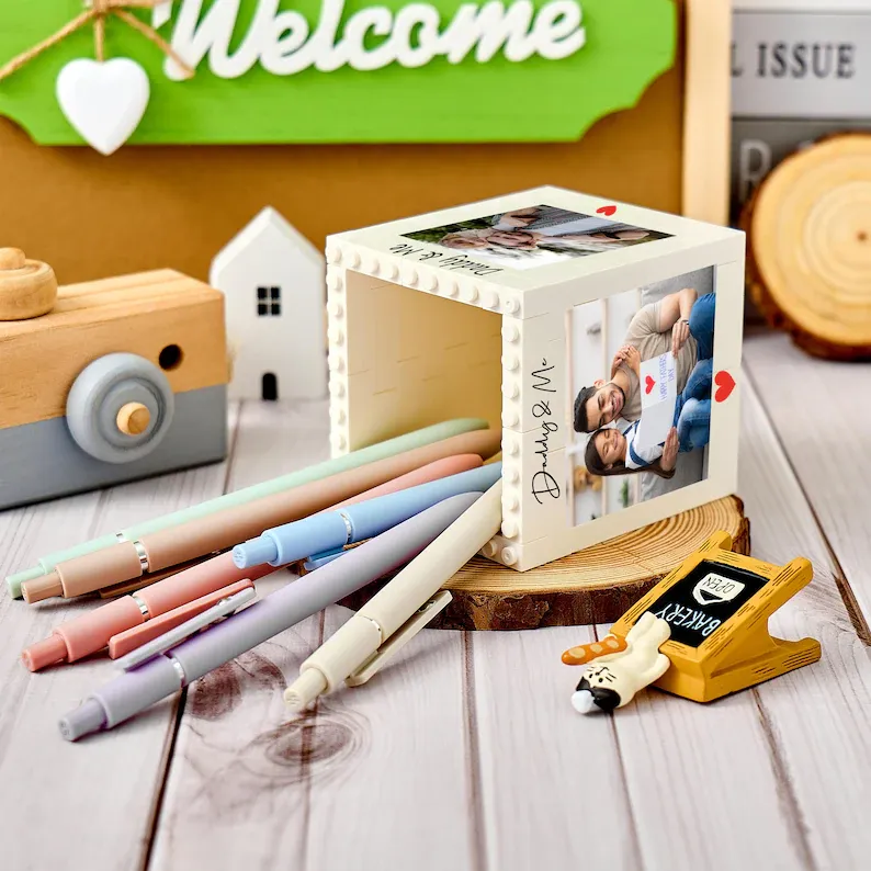 Personalised Daddy & Me Brick Photo block Pencil Pot, Brick-Inspired Organizer, Gifts for Dad, Kids, Chirlren, Student