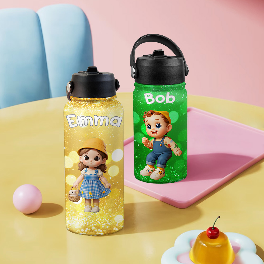 Custom Name Cartoon Kid Water Bottle, Stainless Steel Cup Birthday Gift for Kids - CustWit