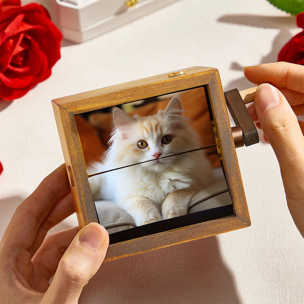 Custom Flip Book Cat Frame Animation Machine Mechanical Hand-cranked Photo Album with Light Black Walnut Baby Photo Cube Frame Creative Gift