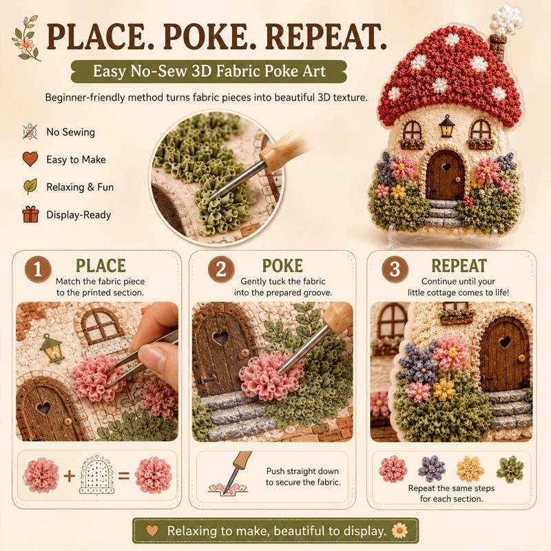 Whimsical Village 3D Fabric Poke Art Kit,Beginner Stress-Relief Tabletop Decor Creative Gift