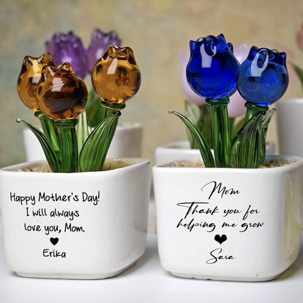 Custom Tulip Glass Flower Pot With Text, Gift for Mum, Mom, Mother, Happy Mother's Day