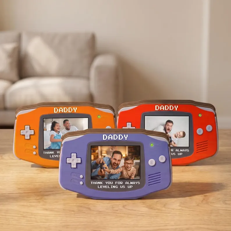 Personalized Fathers Day Gift for Gamer Dad, Custom Photo Dad Frame, Retro Game Console Photo Wooden Block Sign, Game Lover Room Decor