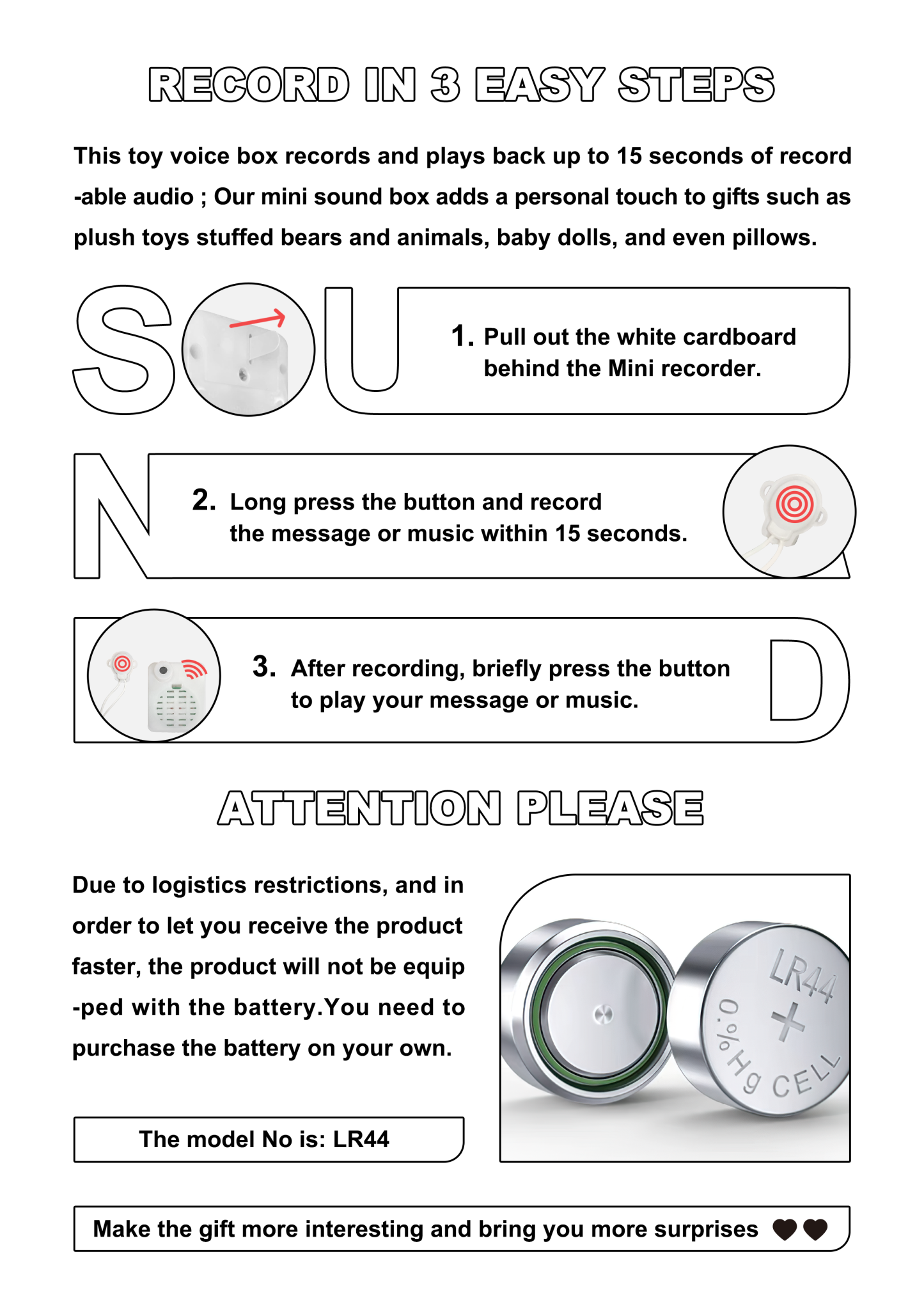 Voice Gift 15 Seconds Minime Voice Recorder Record Custom Message for Pillow