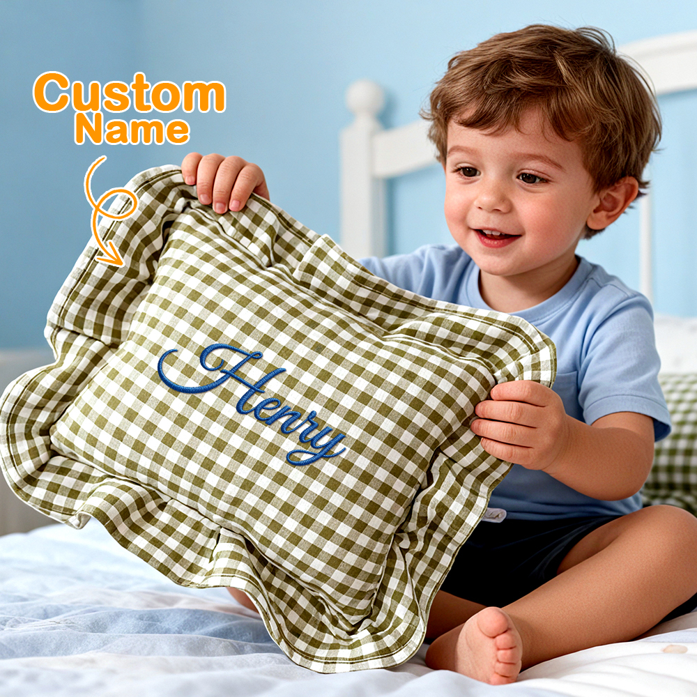 Custom Embroidered Plaid Baby Cushion - Nordic Style Pillow with Ruffles, Baby Shower Gift