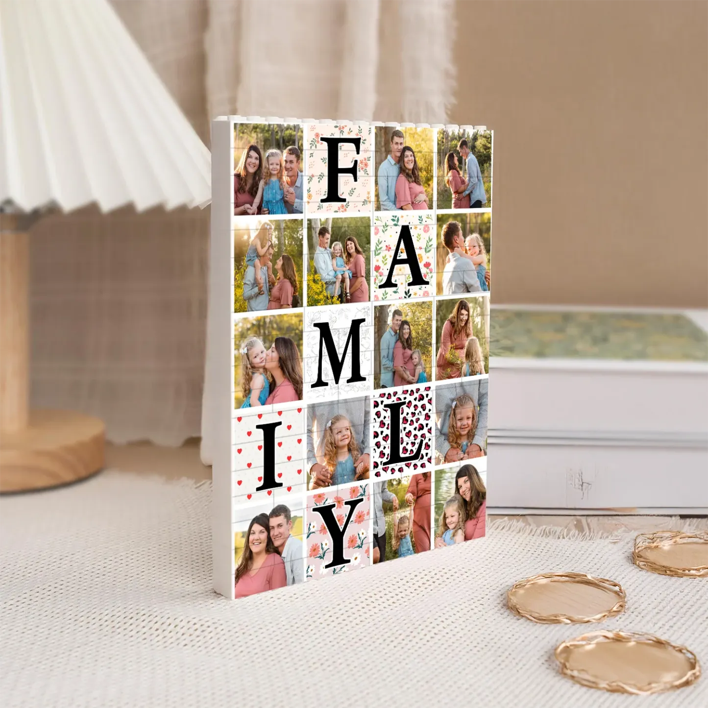 Personalized FAMILY Photo Brick Puzzle Custom Multi-Photo Building Blocks with Letter Grid Design Unique Anniversary Mothers Day Keepsake Gift Family Photo Wall & Desktop Decor Bricks