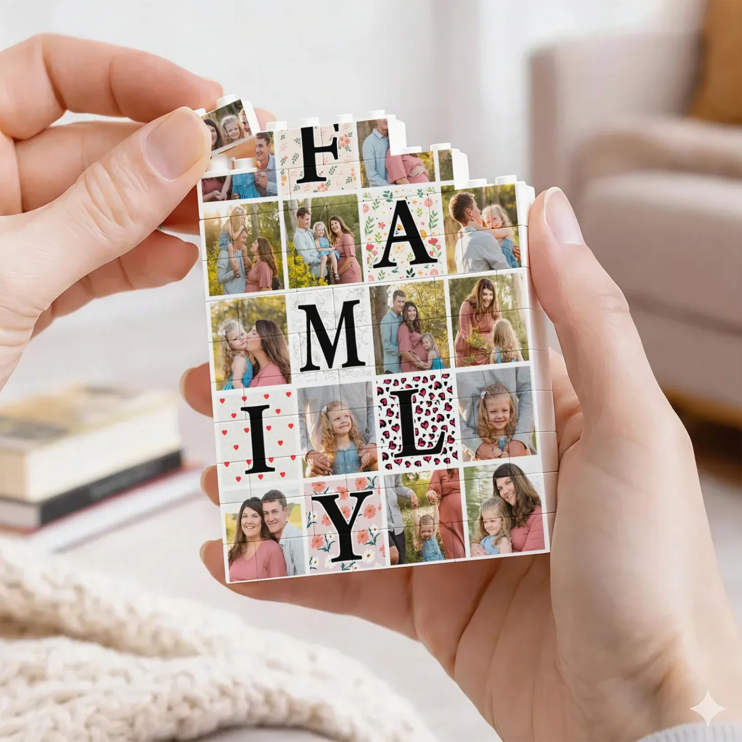 Personalized FAMILY Photo Brick Puzzle Custom Multi-Photo Building Blocks with Letter Grid Design Unique Anniversary Mothers Day Keepsake Gift Family Photo Wall & Desktop Decor Bricks