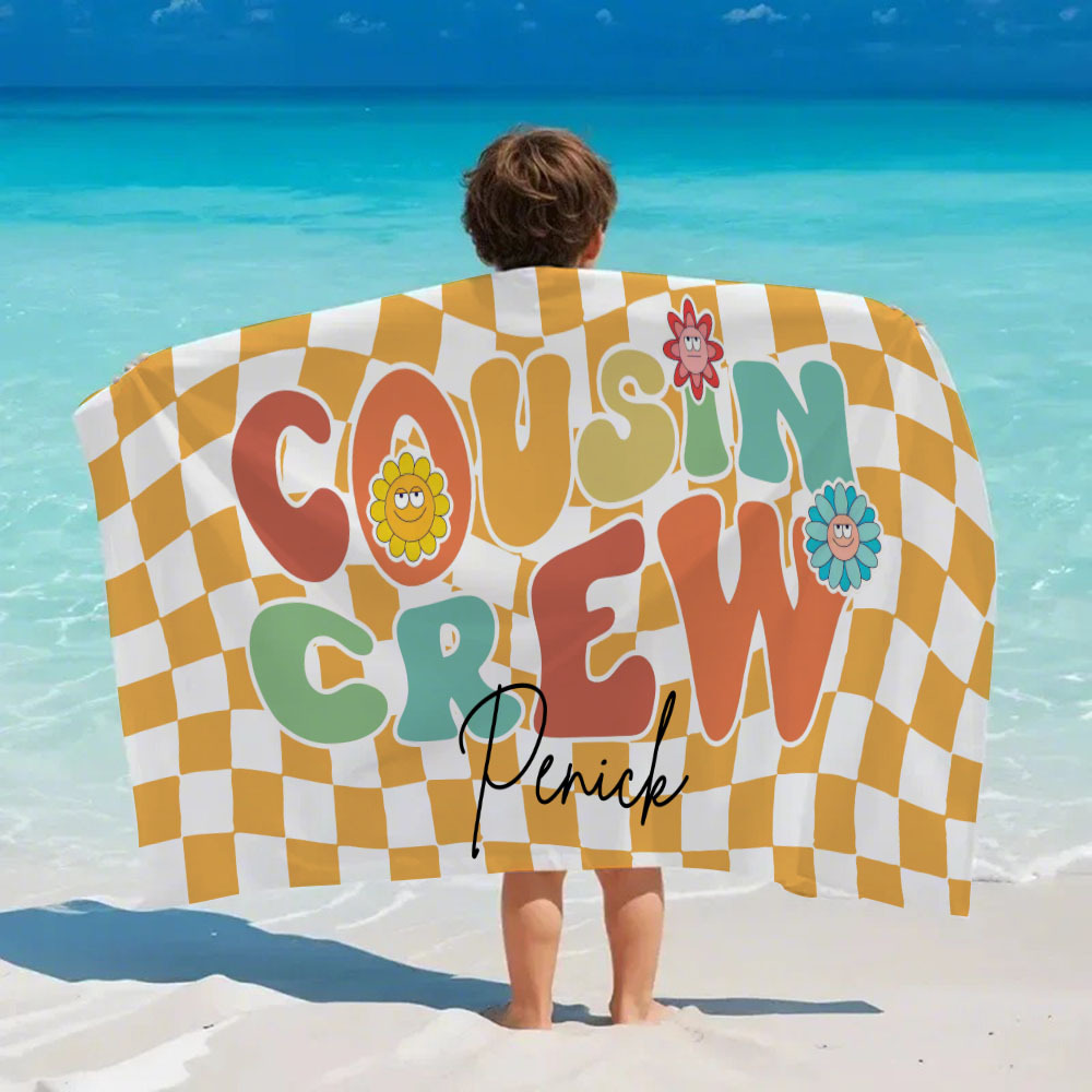 Personalised Cousin Crew Plaid Design Oversized Quick Dry Beach Towel with Name Birthday Summer Vacation Accessory Gift for Kids - CustWit