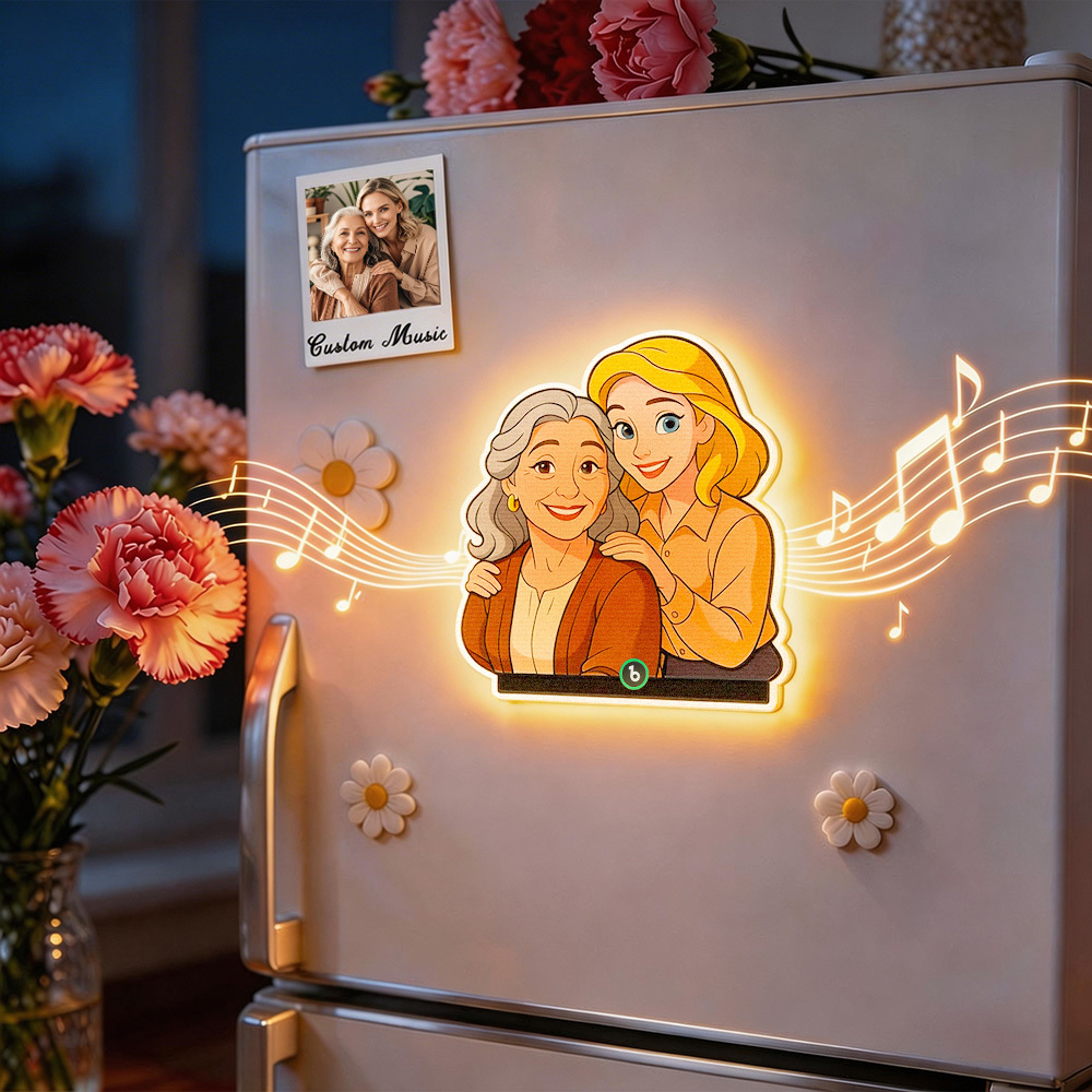 Custom Mother & Kids Photo Music Fridge Magnet with Light – Personalized Mother’s Day Memory Magnet Gift for Mom