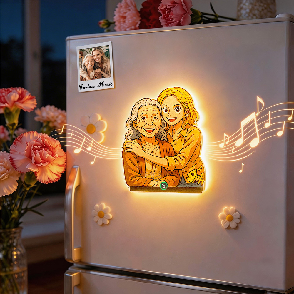 Custom Mother & Kids Photo Music Fridge Magnet with Light – Personalized Mother’s Day Memory Magnet Gift for Mom