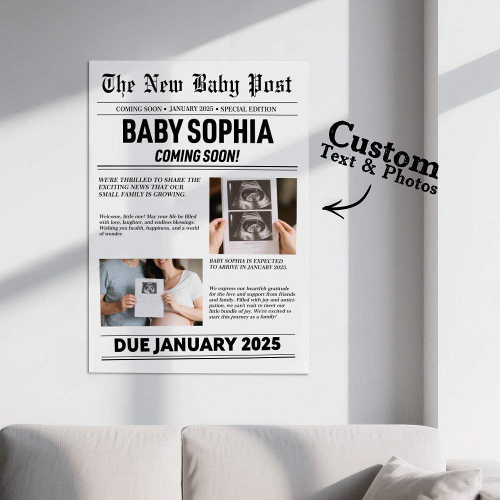 Custom New Baby Announcement Newspaper Poster Personalized Baby Coming Soon Poster