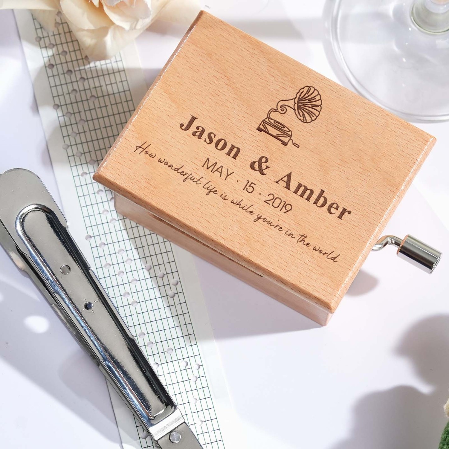 Melocraft Custom Wedding Hand Crank Paper Strip Music Box Personalized Music Box With Paper Strips Personalized Engraving