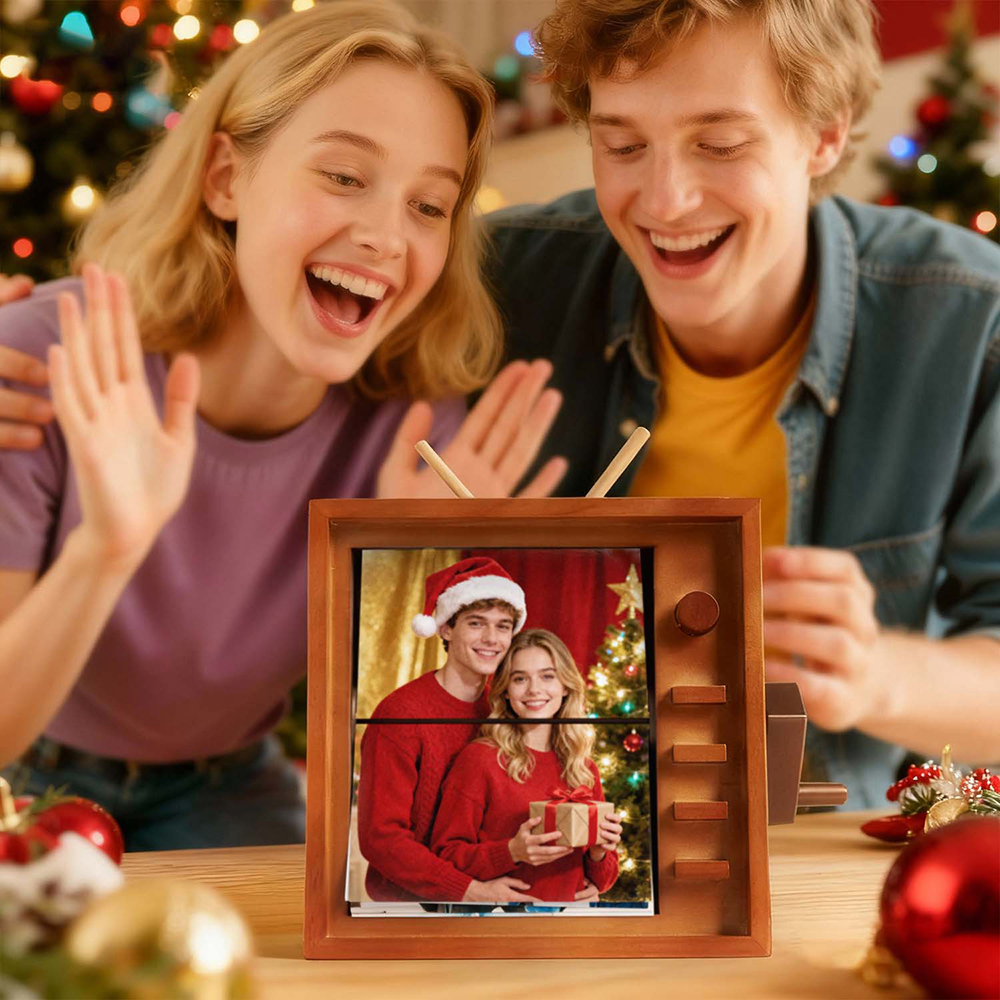 (16*16cm Large Size) Custom Photo Flipbook Frame Vertical Television Animation Machine Mechanical Hand-cranked Flipbook Box Photo Album with Light Christmas Gifts - soufeelus