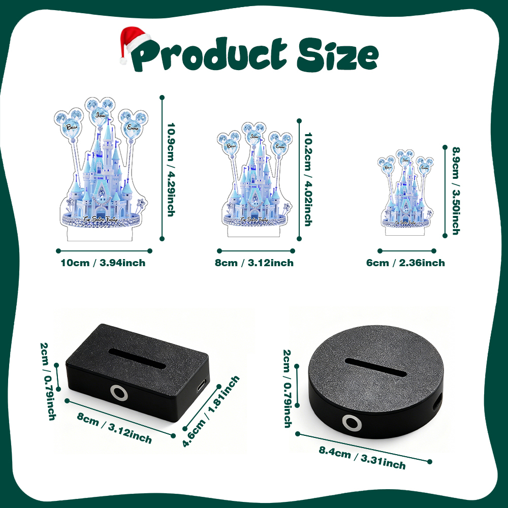 Custom Disney Castle Acrylic Ornament | Personalized Name LED Decor with Music Function (Multi-Size & Base Options)