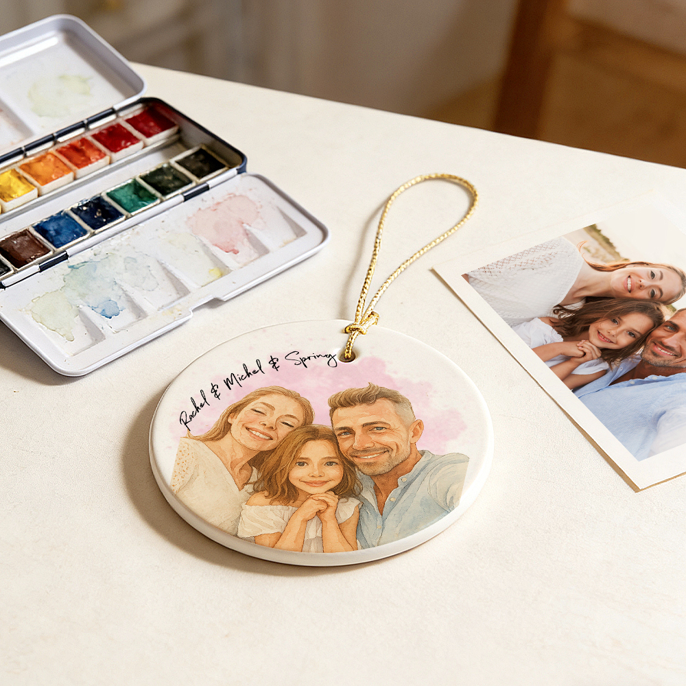 Custom Watercolor Portrait Ornament – Personalized Photo & Names Ornaments Romantic Gift for Your Loved One