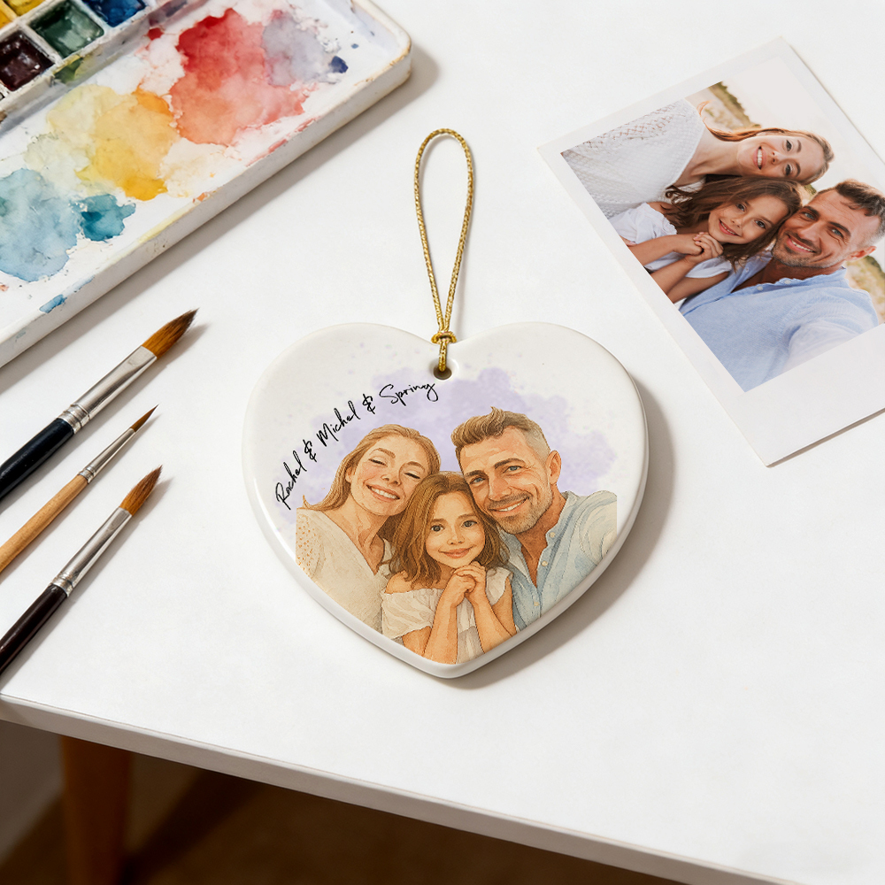 Custom Watercolor Portrait Ornament – Personalized Photo & Names Ornaments Romantic Gift for Your Loved One