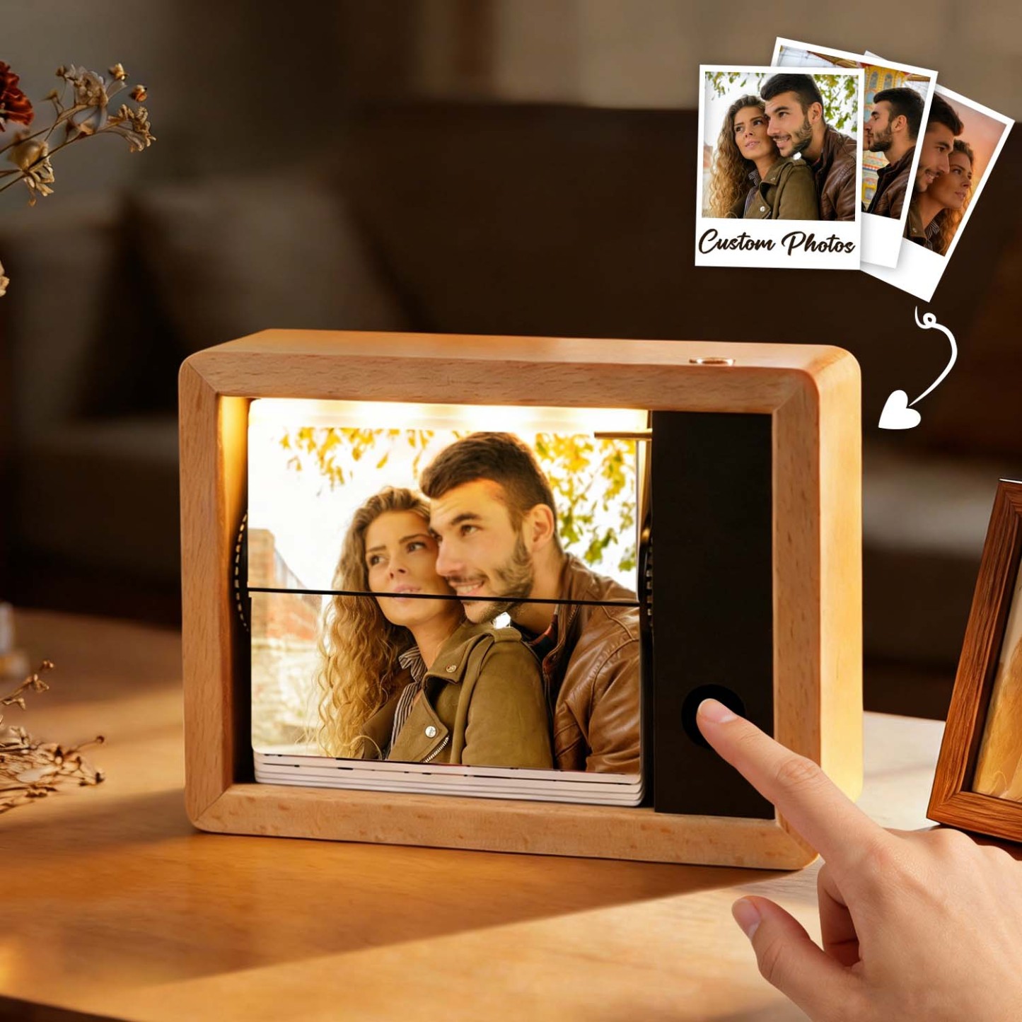Custom Electric Flip 32 Photo Frame Solid Beech Wood Frame with Light for Family, Couples, Pets & More