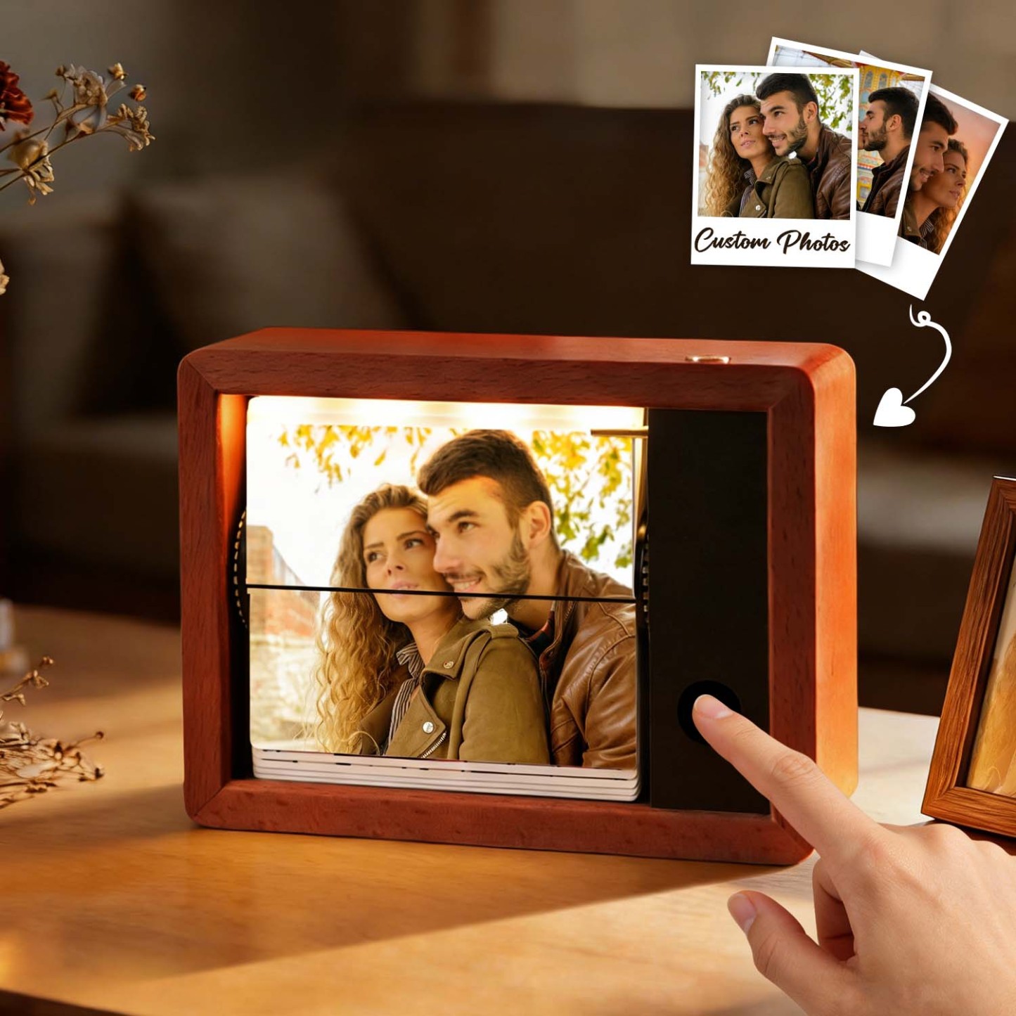 Custom Electric Flip 32 Photo Frame Solid Beech Wood Frame with Light for Family, Couples, Pets & More