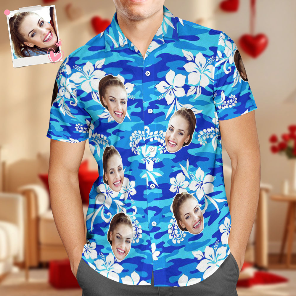 Custom Hawaiian Shirt Tropical Floral Hawaii Shirt All Over Print Face White Flower Blue Shirt
