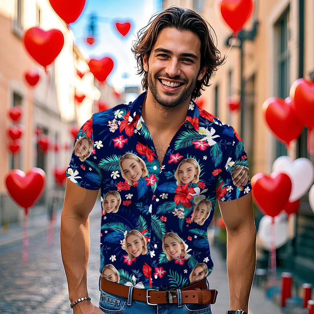 Custom Hawaiian Shirt with Face Personalized Summer Floral Red And White Flower Shirt Vacation Holiday Gift