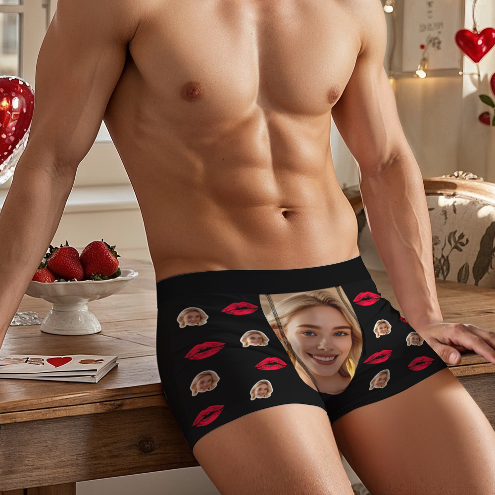 Custom Face Boxer Briefs with Kiss Lips Pattern – Personalized Underwear Funny Valentine’s Day Gift for Him