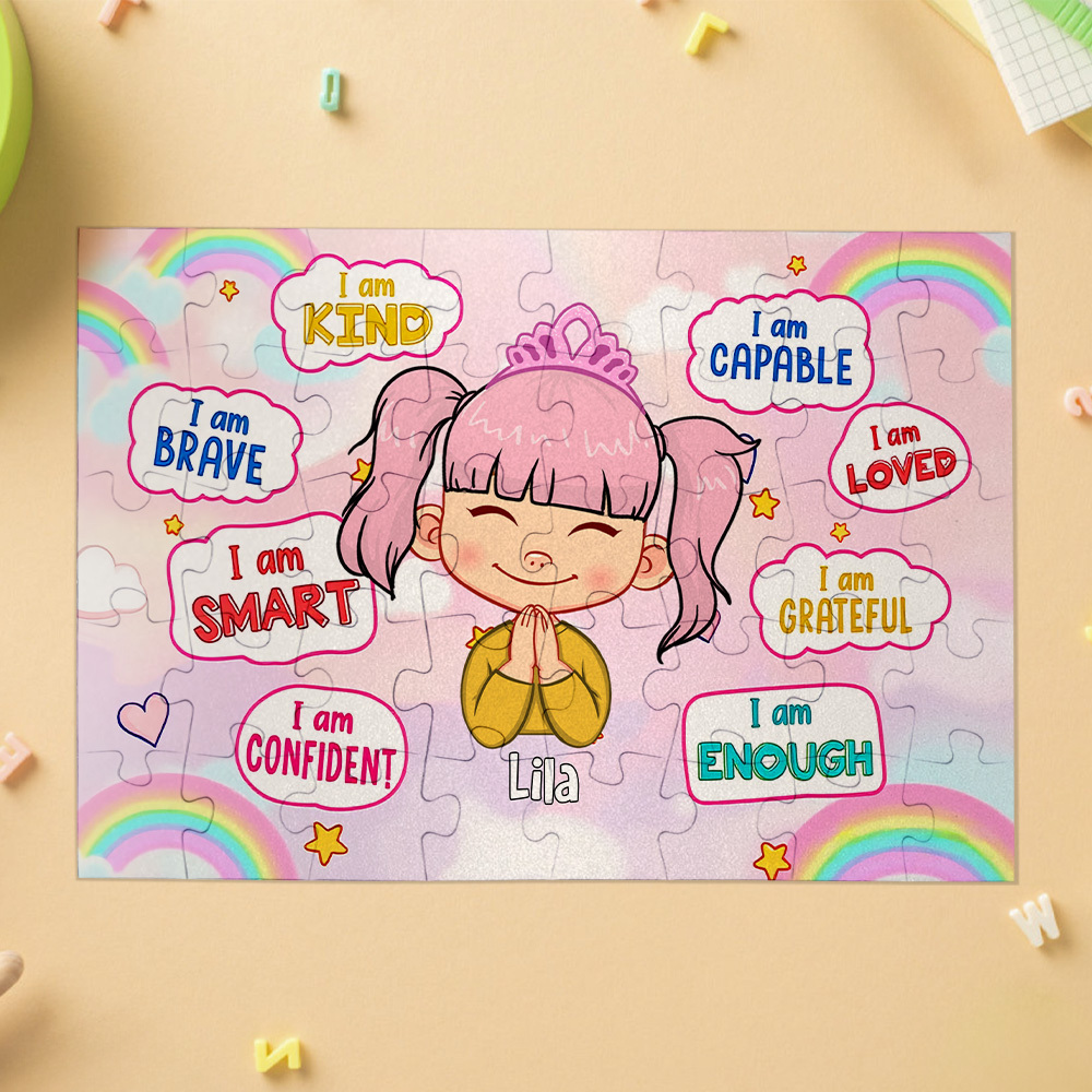 Kids Custom Jigsaw Puzzle | Self-affirmation "I Am Smart" with Name for Boys & Girls | Girls in Rainbow & Boys in Rocket and Universe Design - CustWit