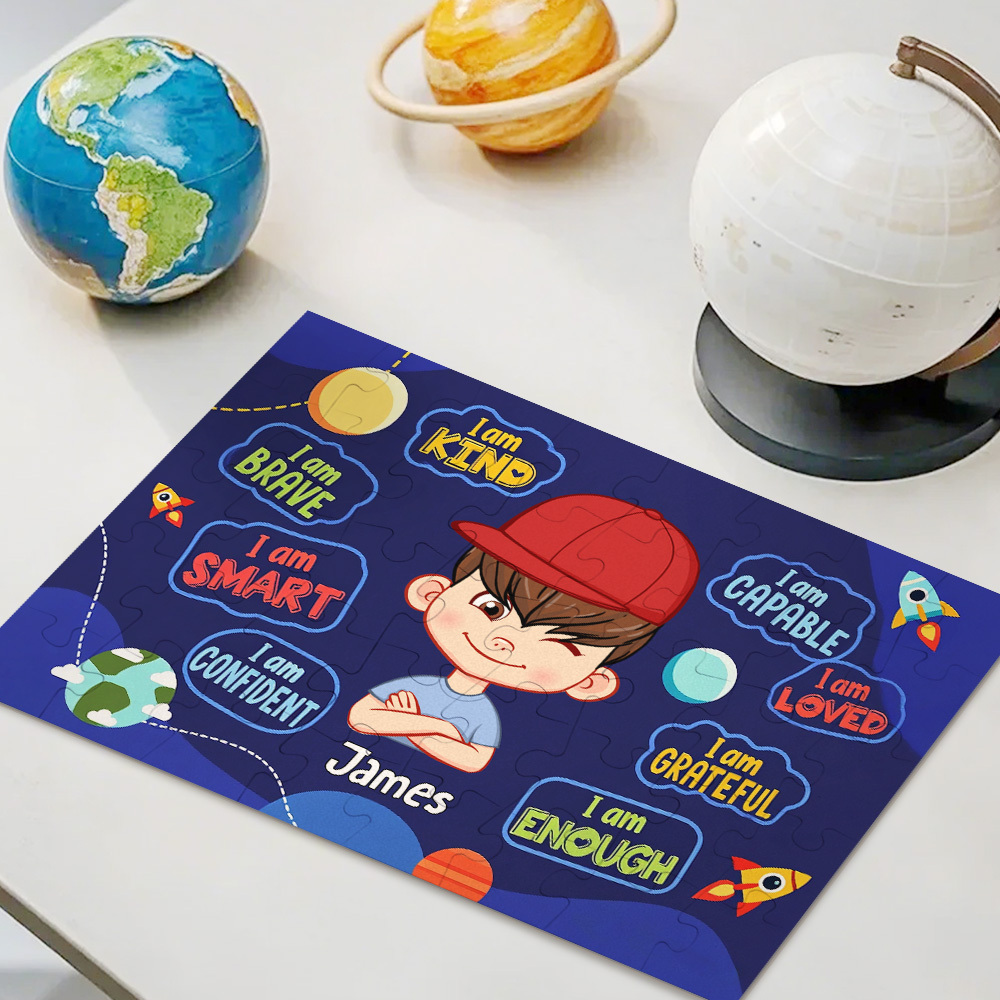 Kids Custom Jigsaw Puzzle | Self-affirmation "I Am Smart" with Name for Boys & Girls | Girls in Rainbow & Boys in Rocket and Universe Design - CustWit