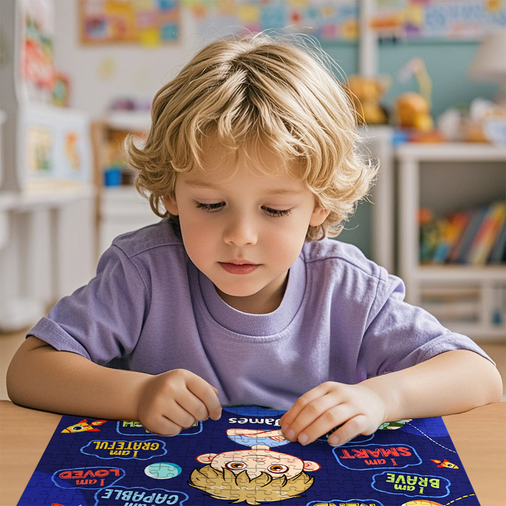 Kids Custom Jigsaw Puzzle | Self-affirmation "I Am Smart" with Name for Boys & Girls | Girls in Rainbow & Boys in Rocket and Universe Design - CustWit