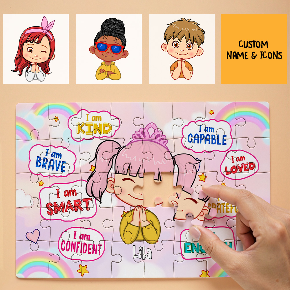 Kids Custom Jigsaw Puzzle | Self-affirmation "I Am Smart" with Name for Boys & Girls | Girls in Rainbow & Boys in Rocket and Universe Design - CustWit