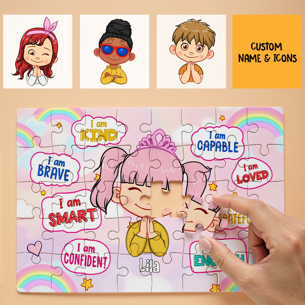 Kids Custom Jigsaw Puzzle | Self-affirmation "I Am Smart" with Name for Boys & Girls | Girls in Rainbow & Boys in Rocket and Universe Design - CustWit