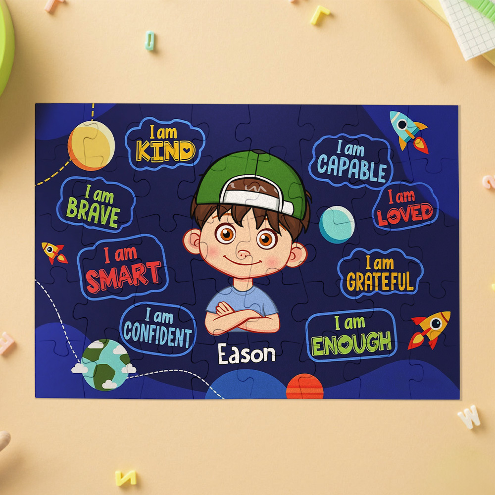 Kids Custom Jigsaw Puzzle | Self-affirmation "I Am Smart" with Name for Boys & Girls | Girls in Rainbow & Boys in Rocket and Universe Design - CustWit