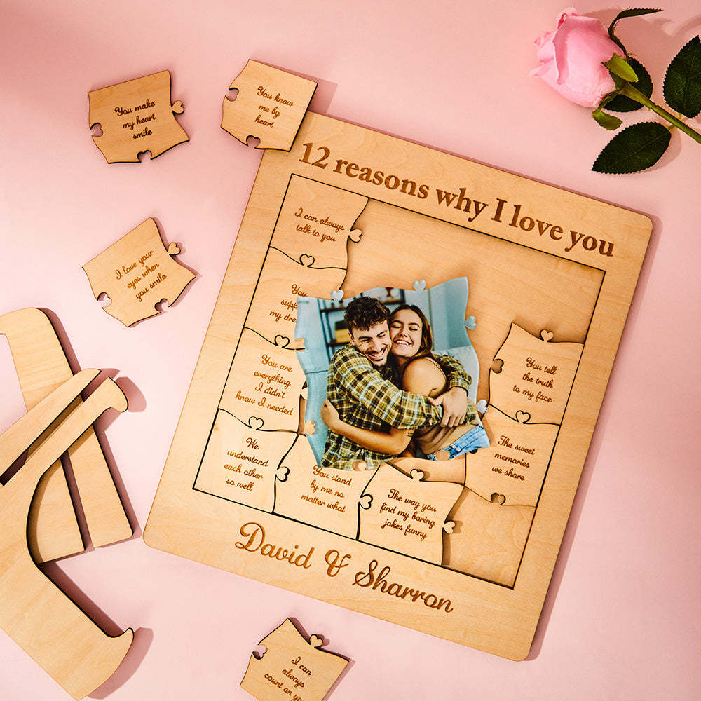 12 Reasons Why I Love You Custom Photo Name Acrylic Wooden Puzzle - CustWit