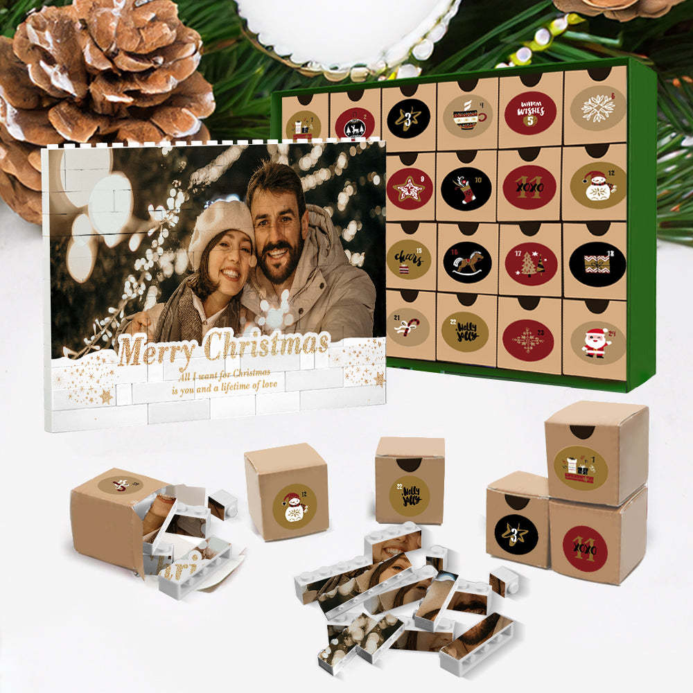 Christmas Countdown Blind Box Custom Building Block Puzzle Advent Calndar Personalized Horizontal Trio Photo Brick Christmas Gift for Lover - CustWit