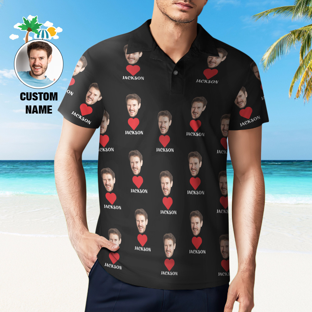 Custom Name Polo Shirt Personalized Hearts Short Sleeve Golf Shirt with Picture Logo Custom Polos for Men