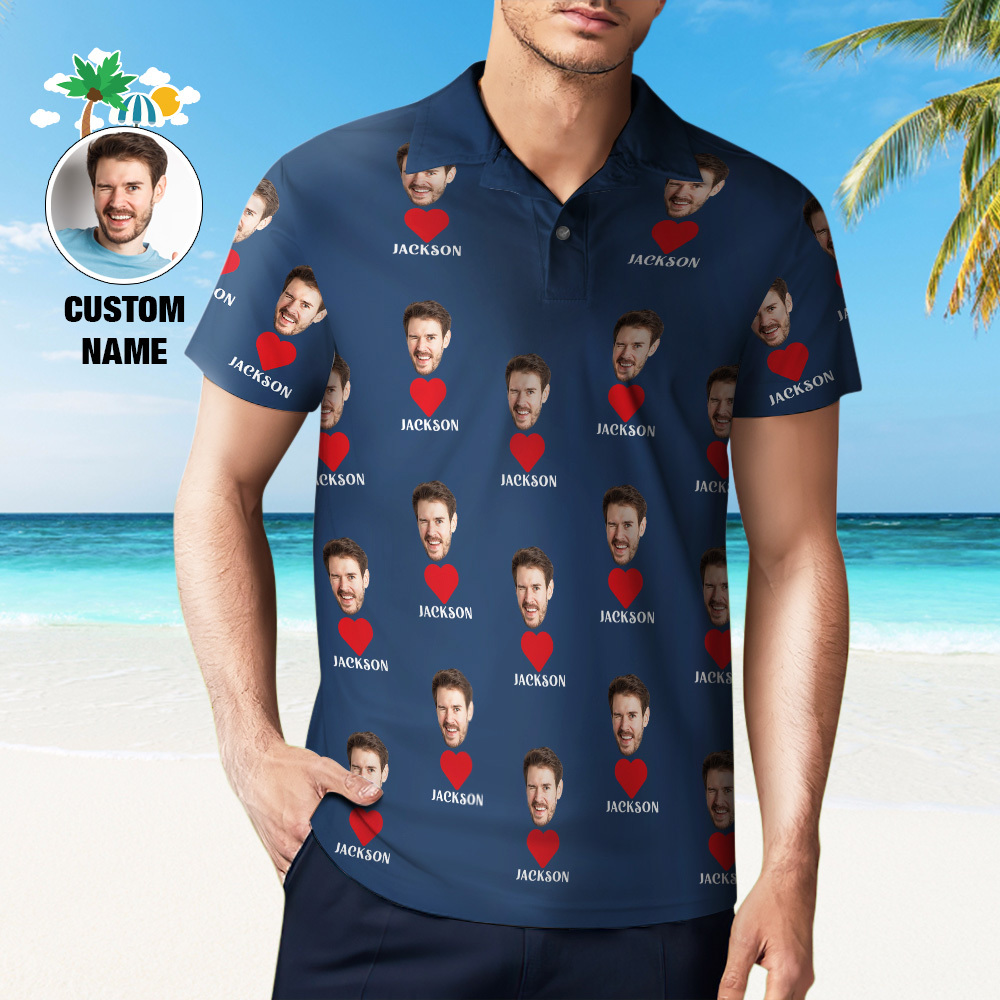 Custom Name Polo Shirt Personalized Hearts Short Sleeve Golf Shirt with Picture Logo Custom Polos for Men