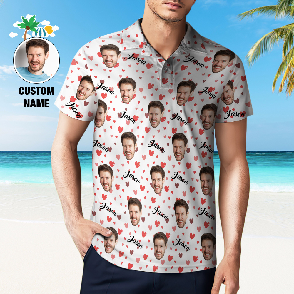 Custom Name Polo Shirt Personalized Hearts Short Sleeve Golf Shirt with Picture Logo Custom Polos for Men
