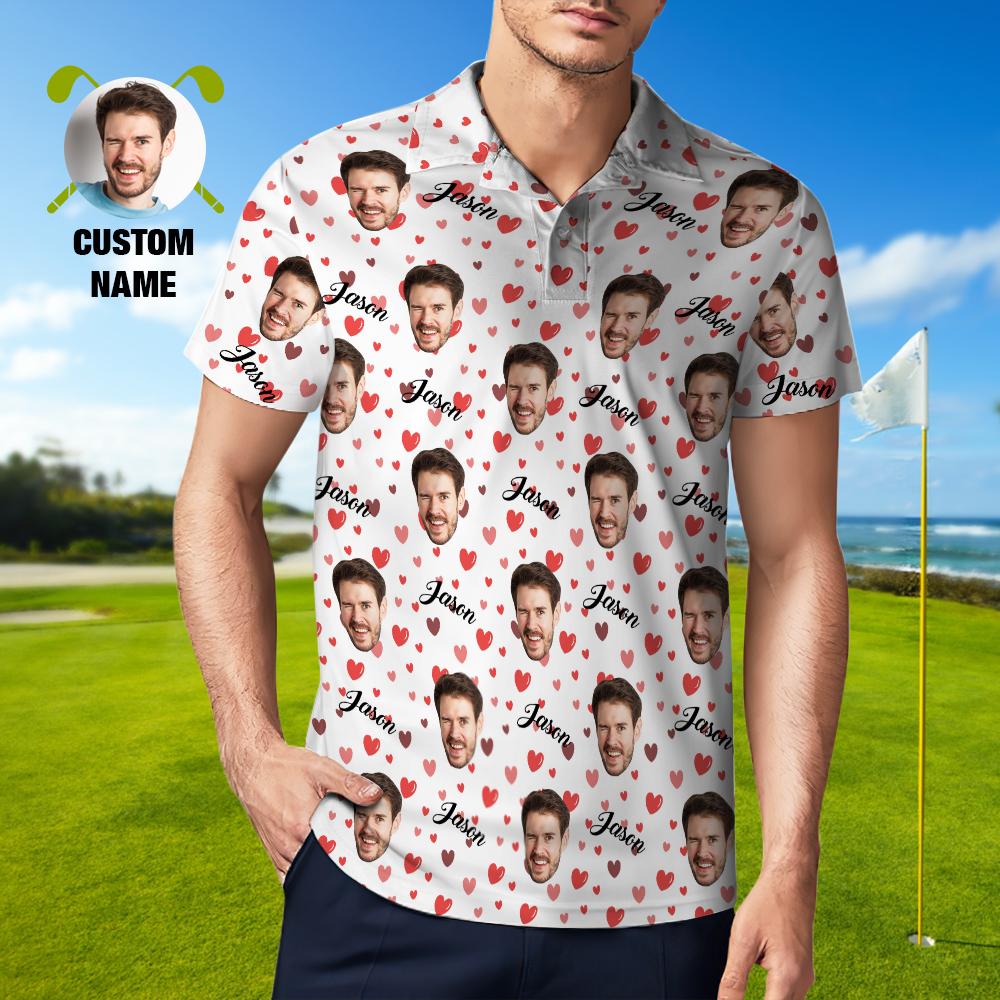 Custom Name Polo Shirt Personalized Hearts Short Sleeve Golf Shirt with Picture Logo Custom Polos for Men