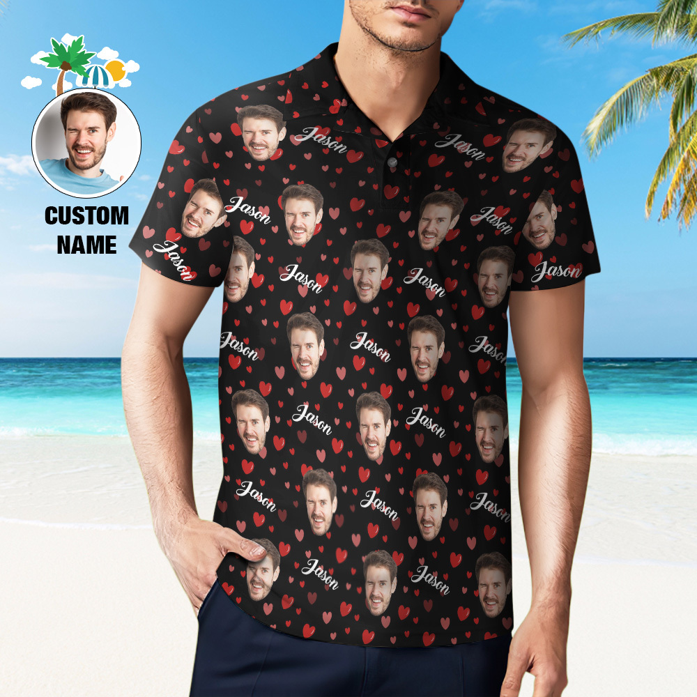 Custom Name Polo Shirt Personalized Hearts Short Sleeve Golf Shirt with Picture Logo Custom Polos for Men