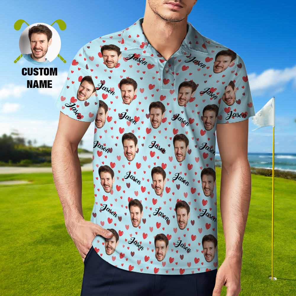 Custom Name Polo Shirt Personalized Hearts Short Sleeve Golf Shirt with Picture Logo Custom Polos for Men
